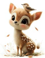 Adorable baby deer with big eyes and tiny bird friend amid falling autumn leaves on white background, digital art style for children's book illustrations.