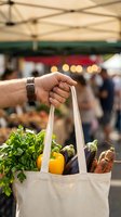 Male hand holding canvas tote bag filled with fresh vegetables at farmers market. Organic produce shopping, sustainable lifestyle, local food shopping concept for retail and grocery advertising.