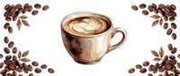 Cappuccino cup with latte art surrounded by scattered coffee beans and foliage, suitable for café menus, coffee shop branding, and beverage marketing materials.