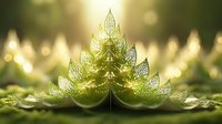 Green leaf arrangement in triangular Christmas tree shape with magical golden bokeh light effect and sunbeams creating ethereal nature atmosphere.