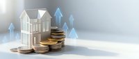 Rising real estate value concept with house model, stacked coins, and upward blue arrows on light background for finance and investment.
