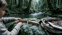 Young blonde woman reading book by forest stream, peaceful nature study scene with backpack and moss-covered rocks in lush green woodland setting.