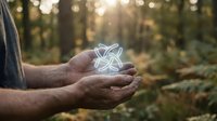 Hands holding glowing atomic symbol in forest setting with warm sunlight creating magical science and nature connection for educational and environmental concepts.