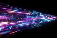 Dynamic light trails with glowing blue and pink streaks against black background create futuristic motion effect for technology and communication designs.