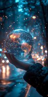 Glowing globe showing Americas with illuminated city lights held against magical bokeh background in blue and orange tones, representing global connectivity.