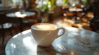 White ceramic cup of fresh cappuccino with latte art foam on marble table in morning sunlight at cozy cafe. Natural lighting creates atmospheric mood.
