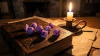 Amethyst crystals arranged on antique book with burning candle in candlestick, creating mystical atmosphere for spiritual practices, meditation, and occult rituals.