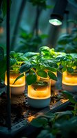 Green plant growing in illuminated modern hydroponic pot with warm LED lighting. Indoor garden setup with glowing containers and fresh leaves in dark environment.