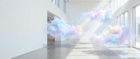 Modern minimalist interior with colorful abstract cloud formations floating in bright white space with large windows and concrete floors.
