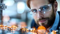 Professional male with beard and protective glasses examining electronic circuit board with glowing components in modern laboratory environment, selective focus on face.