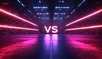 Futuristic gaming arena with glowing neon VS sign in center, illuminated by dramatic red laser beams against dark stadium backdrop.