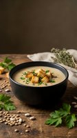 Creamy soup with golden croutons and fresh herbs in black bowl on rustic wooden table with parsley and thyme garnish for comfort food recipes.