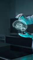 Medical professional hands protecting glowing brain hologram representing neurology, mental health care, and advanced medical technology in modern healthcare.