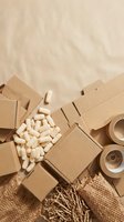 Cardboard boxes with packing peanuts and brown paper tape on neutral background for shipping and moving supplies concept.