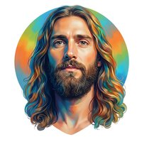 Digital portrait of bearded man with long wavy hair against colorful rainbow gradient background. Spiritual artistic illustration for religious content.