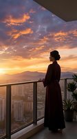 Woman in burgundy dress standing on high-rise balcony overlooking cityscape at golden sunset with dramatic orange and purple clouds, mountains in distance, contemplative moment.