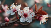 Cherry blossom flowers blooming on branch with pink petals and red stamens against soft blurred background for spring seasonal designs and nature themes.