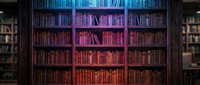 Colorful library bookshelf with gradient lighting from blue to pink creating atmospheric mood for reading and study environments.