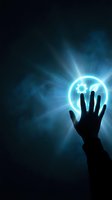 Silhouetted hand touching glowing gear symbol with bright blue light rays emanating from center against dark background, representing innovation, technology, and digital transformation concepts.
