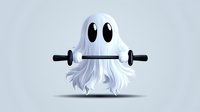Cute cartoon ghost character holding barbell for fitness and workout concept. Isolated mascot on light background suitable for logo design and branding.