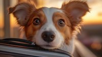 Border Collie mix dog with expressive brown eyes and white-orange fur looking directly at camera during golden sunset, close up portrait from car window.