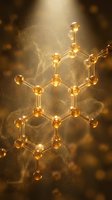 Glowing golden molecular structure with interconnected spheres and bonds against warm bokeh background, suitable for science, chemistry, and pharmaceutical research presentations.