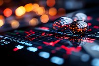 Glowing red digital display with reflective chrome spheres showing market data and financial information against blurred bokeh background lights.