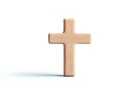 Simple wooden cross standing upright on white background, natural oak texture and grain visible, minimalist religious symbol isolated for faith-based designs.