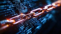 Digital chain links on binary code background with glowing orange metal effect, representing blockchain technology and cybersecurity concepts in modern computing.