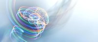 Glowing brain with colorful energy waves and light trails on soft gradient background for neuroscience, artificial intelligence and mental health concepts.