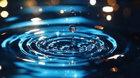 Water drop falling into blue liquid creating concentric ripple circles with floating droplets and bokeh light effects in dark background. Macro photography.