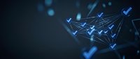 Digital network with glowing blue checkmarks connected by lines on dark background for business verification and approval concepts.