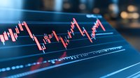 Financial market candlestick chart showing price movement trends on digital display screen, with red and blue trading data visualization for stock analysis.