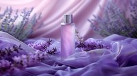 Pink cosmetic bottle on silky fabric surrounded by fresh lavender flowers and petals in purple tones, creating romantic spa composition for beauty product photography.