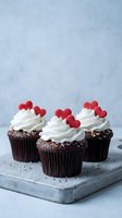 Chocolate cupcakes with white frosting and red heart decorations on wooden board for Valentine's Day celebration and romantic dessert occasions.