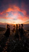 Group of women holding hands in circle during dramatic sunset on mountain peak with vibrant orange and purple sky creating spiritual gathering moment.