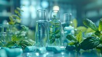 Natural organic cosmetics concept with glass bottles, green leaves and laboratory glassware on turquoise background, perfect for beauty and skincare advertising.