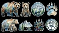 Watercolor bear illustrations with forest landscapes and paw prints, isolated on transparent background. Ready for t-shirt designs, clipart, stickers, sublimation, and print-on-demand products.