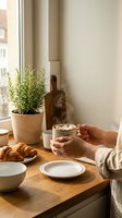 Cozy morning breakfast scene with hands holding hot coffee cup, fresh croissants on wooden table by window with rosemary plant in natural sunlight.