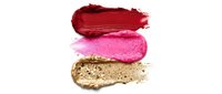 Three cosmetic smears in red, pink, and gold on white background, showcasing lipstick and eyeshadow textures for beauty and makeup concepts.