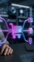Glowing neon shopping cart hologram with connected e-commerce icons floating above a desk, symbolizing digital retail and fintech innovation.
