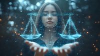 Young woman with holographic scales of justice floating above hands, glowing digital elements and bokeh lights create futuristic legal technology concept.