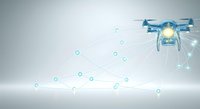 Drone with glowing light delivering package connected by digital network nodes and lines on gray background for technology and logistics concepts.