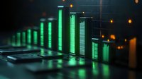 Glowing green bar chart visualization with ascending columns on dark background, dramatic lighting creates reflective surface effect for financial data presentation.