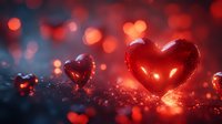 Red glowing heart shapes on dark background with bokeh lights, creating romantic atmosphere for Valentine's Day celebrations or love-themed designs.