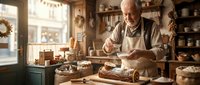Elderly Caucasian male baker dusting powdered sugar over a chocolate yule log cake in a cozy vintage bakery shop during Christmas season.