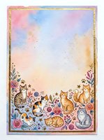 Watercolor cats and flowers border frame with pastel rainbow background. Cute kittens with roses and botanical elements for greeting cards and stationery.