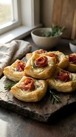 Golden puff pastry appetizers with rolled salami and fresh rosemary on rustic wooden board in cozy kitchen setting for entertaining and party food.