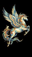 Ornate winged horse with decorative blue, gold, and orange swirling patterns, isolated on transparent background. Ready for t-shirts, stickers, sublimation, and print-on-demand designs.