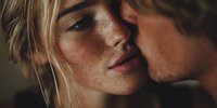 Intimate couple moment with blonde woman and man sharing tender kiss, romantic relationship and love connection between partners in warm natural lighting.